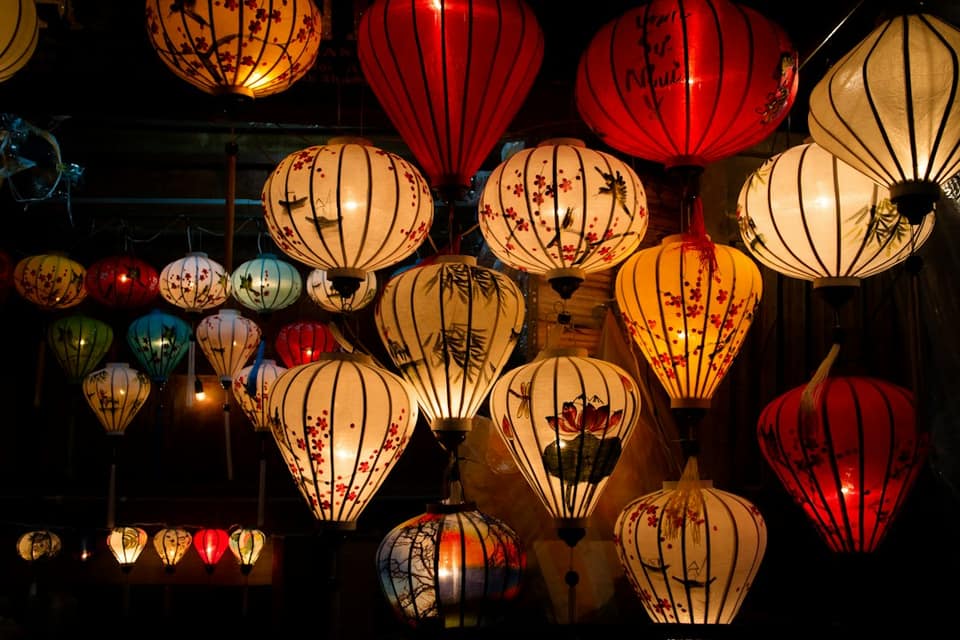 Assorted-color Chinese lanterns at night
