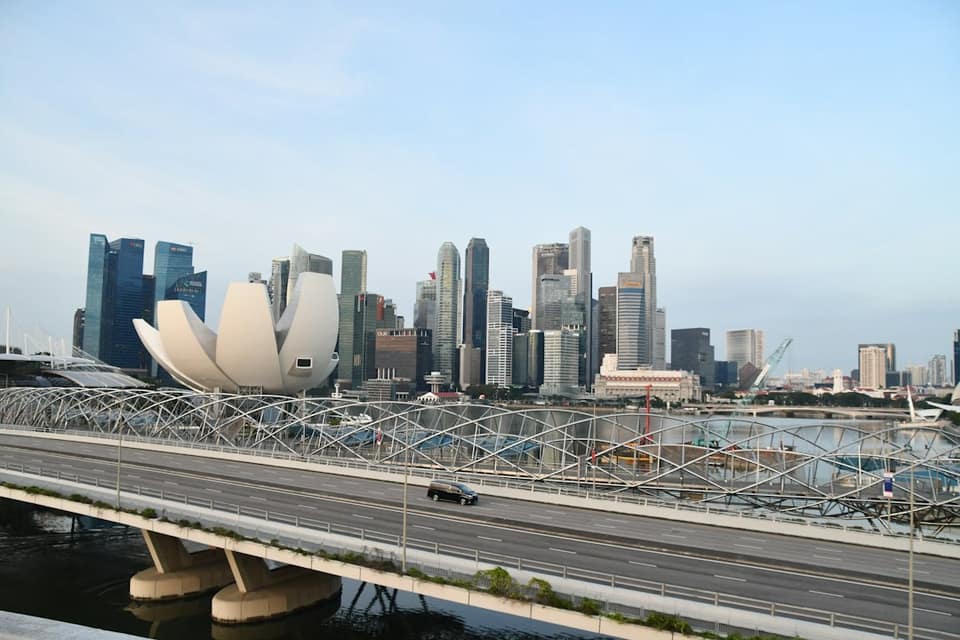 A bridge over a body of water with a city in the background