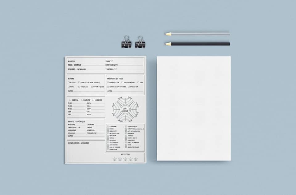 A white paper, pencil, and a piece of paper on a blue surface
