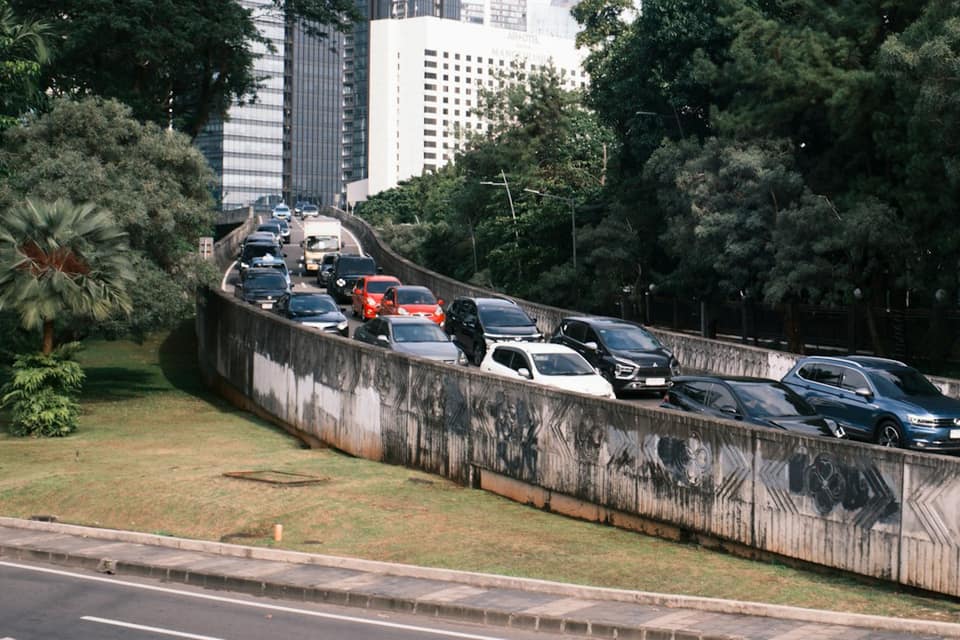 Cars stuck in traffic on a highway overpass