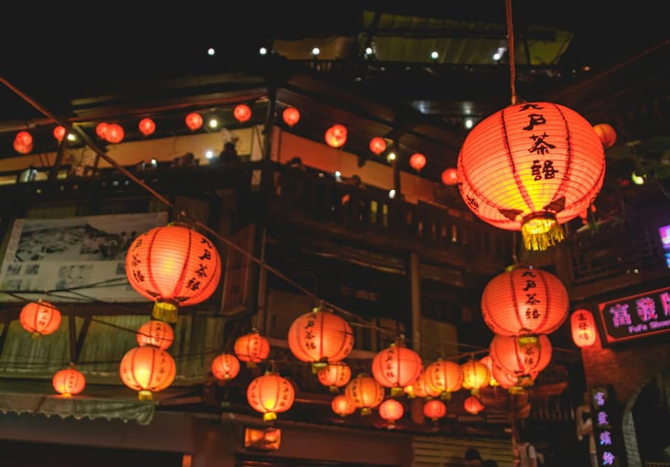 Turned-on red Chinese lanterns